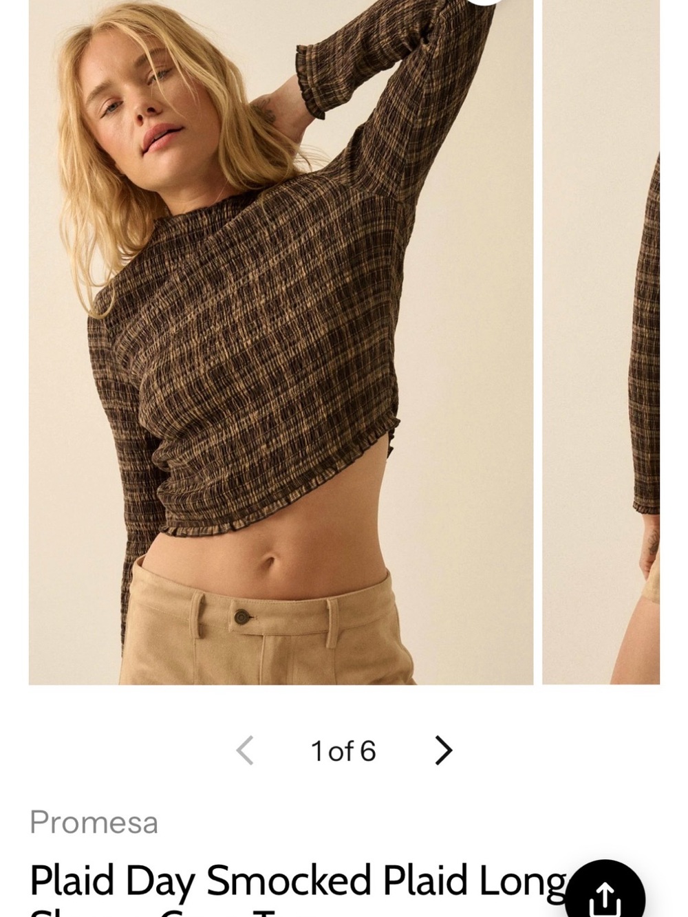 Promesa Brown Plaid Smocked Long Sleeve Crop Top